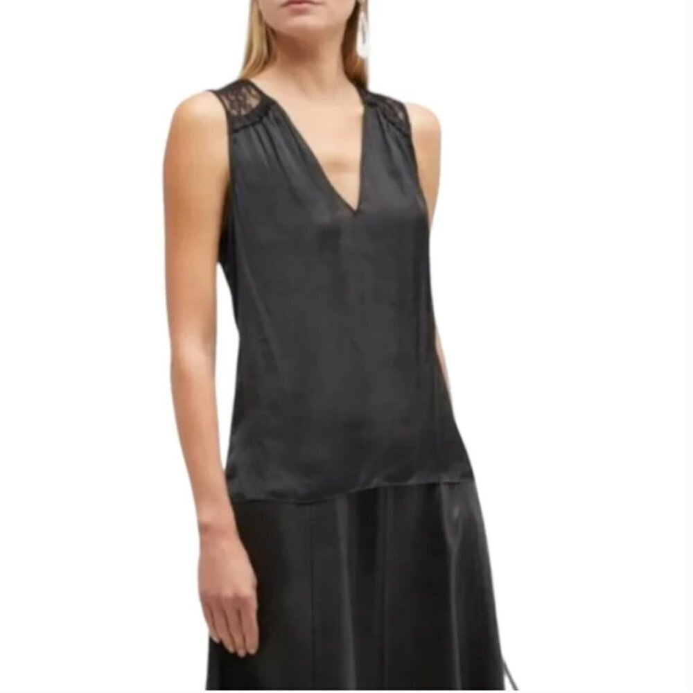 NWT Ramy Brook | Riley Lace Trim Sleeveless Blouse Top in Black - Size S